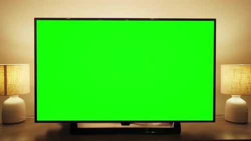 LcD Smart TV Screen with a Blank Green Background in the Living Room Chroma Key Screen for