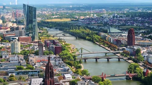 View of Frankfurt from a skyscraper, Germany. Multiple residential and office buildings, skyscrapers