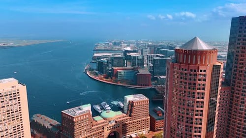 Stunning flight at the skyscrapers in the harbor of Boston.