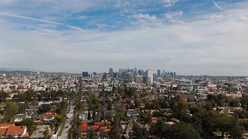 Drone shot overlooking Downtown Los Angeles.