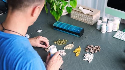 Un homme trie ses pilules et ses suppléments dans un organiseur de pilules hebdomadaire Concept de gestion des médicaments