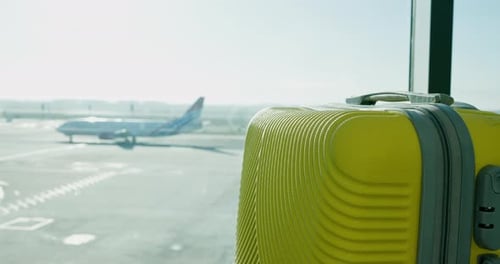 Airport, luggage and suitcase in lobby area or lounge for passenger for departure