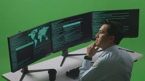 Man Developer Thinking About Something While Write Code With Multiple Computer Screens In Green