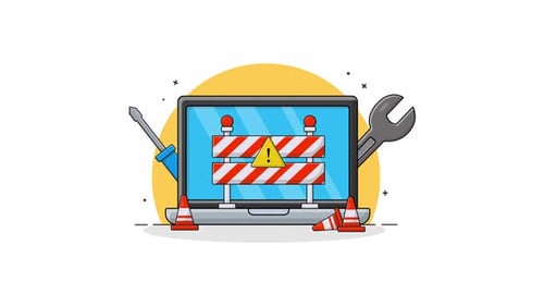 4k Laptop with Repairing Tools and Warning Sign. Website Under Maintenance Concept Animation Video