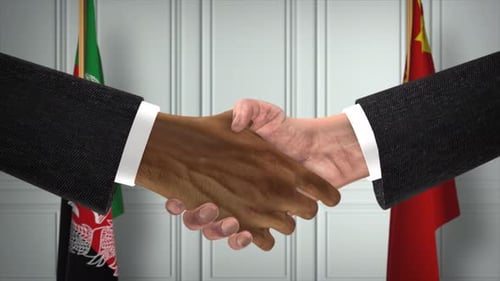 Afghanistan and China Officials Business Meeting. Diplomacy Deal Animation. Partners Handshake 4K