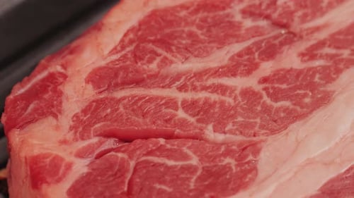 Fresh Marbled Beef with Pepper Salt and Rosemary Closeup Macro Preparation to Cook Juicy Steak on