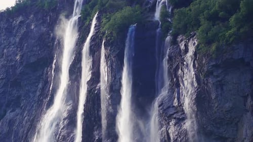 A breathtaking view of the Seven Sisters waterfalls in the Geiranger fjord, Norway. The seven stream