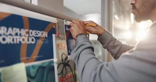 Creative man, sticky note and writing for planning campaign, graphic design and portfolio