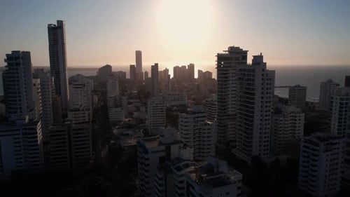 Bocagrande, Cartagena, Colombia. Aerial View of Golden Hour Sunlight Above Hotel and Condo Towers