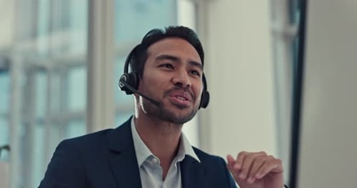 Businessman, call center and consulting in customer service, support or telemarketing at the office