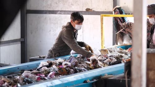 Worker Sorting Refuse at Recycling Plant