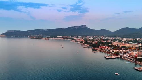 Footage over the calm waterscape near the shore of Turkey.