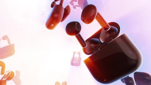 Glossy Wireless Earbuds and Cases Floating in Abstract Space