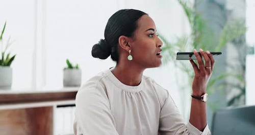 Woman, business and recording voice with phone for conversation, message or communication at office