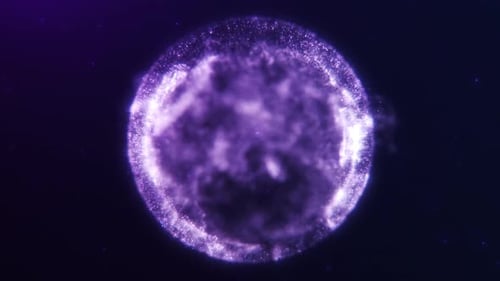 Abstrakte flüssige, violette Kugel aus Energieteilchen auf dunklem Hintergrund.