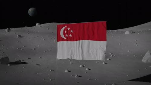 3D Singapore Flag Waving on Lunar Surface with Earth