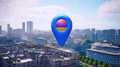 Futuristic 3D Location Pin with Armenian Flag Over City