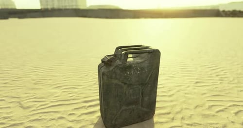 Sunlit Canister Stands Alone on a Sandy Beach at Sunset