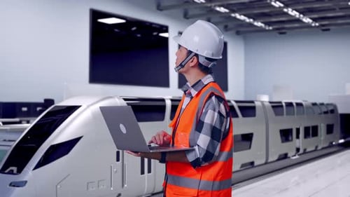 Side View Of Asian Male Engineer Working On A Laptop With Train in Lab