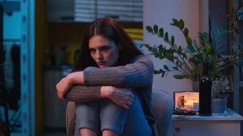 Sad Depressed Alone Woman at Night Home Upset Worried Caucasian Girl Lonely Mental Health Problem