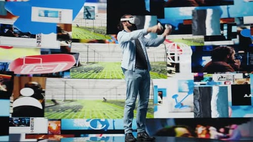 Modern Cool Man verwendet Virtual-Reality-Brillen für eine 3D-Internetverbindung