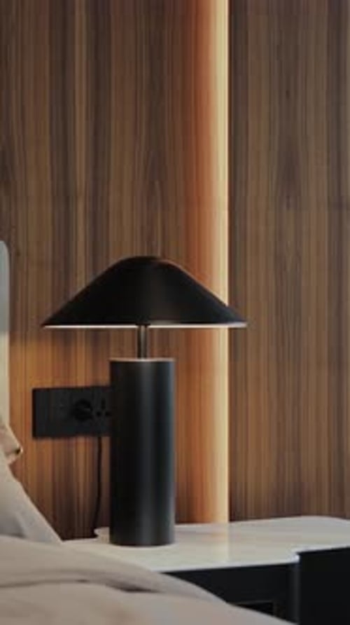 Stylish Bedroom Corner with a Modern Lamp and Beautiful Wooden Walls for Comfort Vertical Video