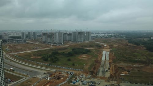 Construction site of a new city block. Construction of multi-storey buildings.