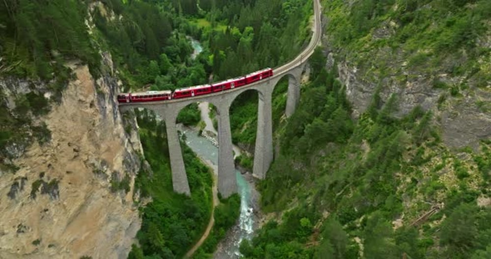 Railway Scenic Route in Switzerland Express Red Swiss Train in Swiss ...