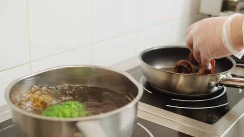 Professional Restaurant Kitchen Green Broccoli Boiling in Water Closeup Healthy Organic Vegetable