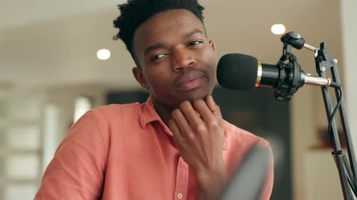 People doing an interview and talking with a mic for podcast