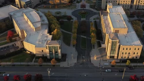 Aerial view of buildings on Victory Parkway, United States.