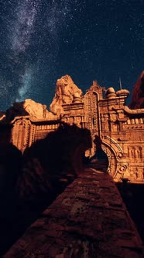 The Night Sky Over a Mountain with a Castle in the Foreground