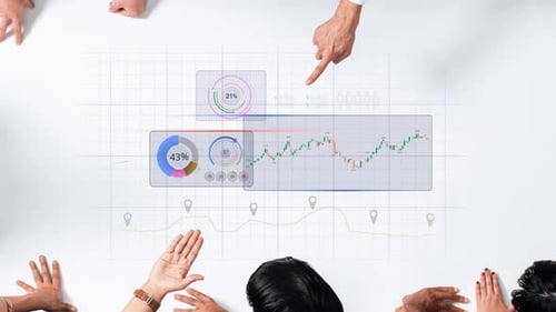 Data Analysis and Digital Metrics Displayed on Screen with Diverse Hands Collaborating in Modern Wor