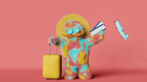 Animated 3D Travel Character with Plane Tickets and Suitcase