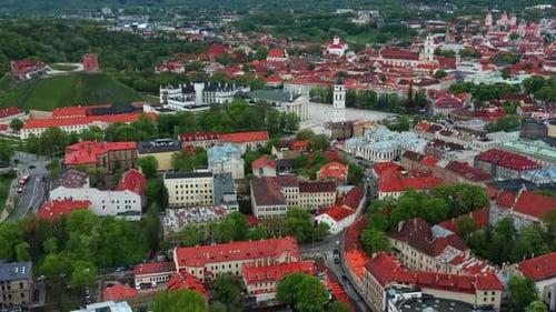 Aerial View Of Red Rooftops Of Vilnius Old Town In Lithuania - drone shot