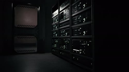 Big Data Dark Server Room with Bright Equipment
