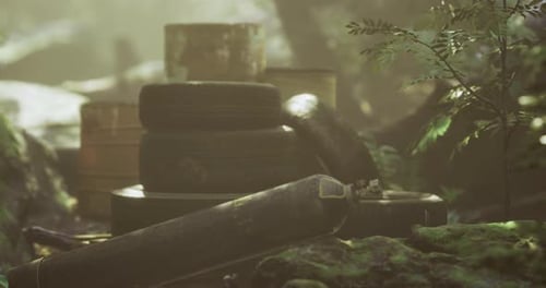 Old Tires and Discarded Items Create a Mysterious Atmosphere in Lush Forest