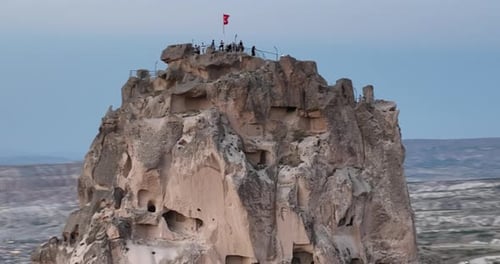 Aerial View of Natural Rock Formations in the Sunset Valley with Cave Houses in Cappadocia Turkey