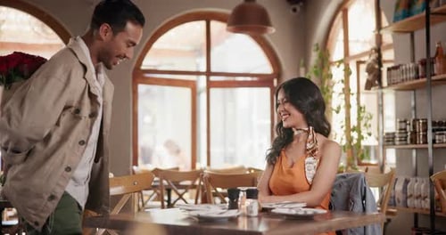 Surprise, roses and couple on date in restaurant for valentines day, anniversary