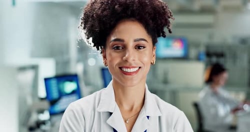 Science, laboratory and face of African scientist for medical study, research and biotechnology