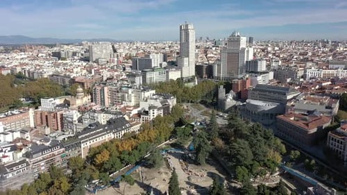 Aerial video over the city of Madrid Spain