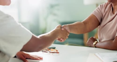 People, office and client for handshake and greeting, thank you or welcome for interview