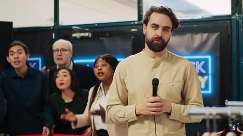 Speaker Presents at Store Opening Event