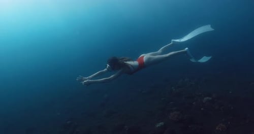 Attractive Slim Free Diver Glides Underwater on Deep Blue Ocean Freediving in Transparent Sea