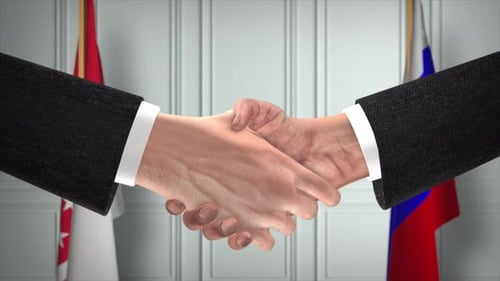 3D Handshake Agreement Animation with Flags Background