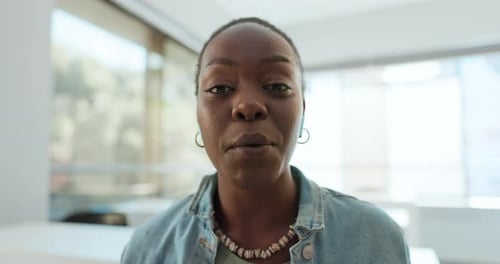 Video call, discussion and face of black woman in office for online conference, webinar and meeting