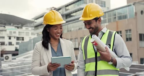 People, architect and tablet on rooftop in renewable energy, solar panel installation