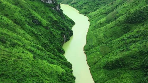 Mountains, forest and drone for green river canyon, ecology and water for scenery landscape