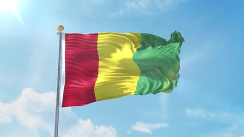Guinea Flag Waving on Flagpole in Blue Sky