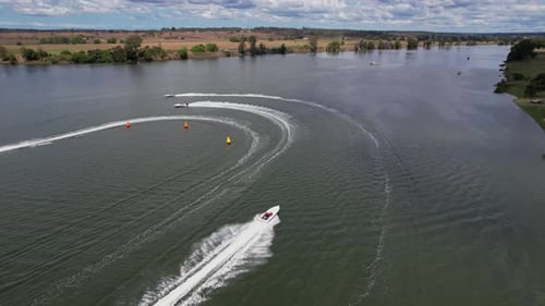 Speedboats Racing On Clarence River In Grafton, NSW, Australia. Boat Racing Competition. aerial trac